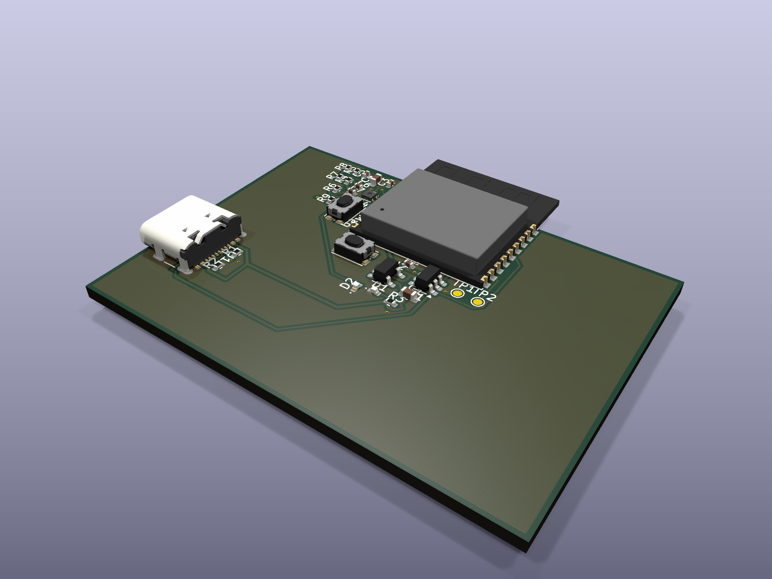 ESP32-C3 USB-C Sensor Dev Board: CAD render of the generated PCB
